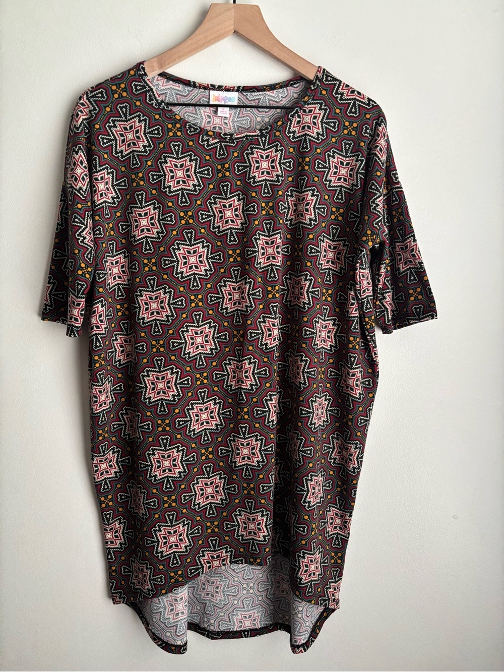 LuLaRoe Irma Tunic Top Small Geometric Mosaic Print High Low Boho Soft Stretch